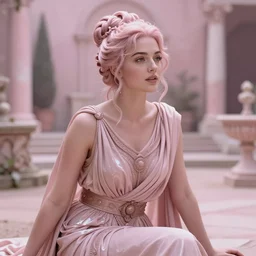 cinestill 5 0 d portrait of a beautiful dreamy woman by annie liebovitz, sitting in a hyper detailed ancient roman garden, pale pink tonal glossy, hair intricate style, wearing are intricate ancient roman dress, elegant, highly detailed, soft foggy blur, artstation, sharp focus, head in focus,