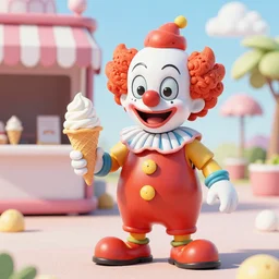 Killer Animtronic Clown selling ice cream, 4k, 3d render, realistic