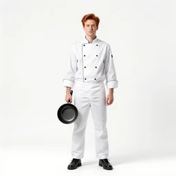 red-haired chef in white uniform holding a pan, studio photography, full body, standing, isolated on a pure white background, centered, whole figure in frame, sharp focus, studio lighting