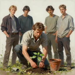 a mixed media portrait painting of a gardener planting a seedling, minimalist, by frank frazetta, greg rutkowski, beeple, yoko taro, christian macnevin, beeple, wlop and krenz cushart, epic fantasy character art, volumetric outdoor lighting, high fantasy, cgsociety, full length, exquisite detail, post - processing, masterpiece, cinematic