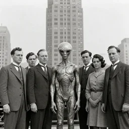 photograph of first alien on earth, posing in disguise among humans, in group photograph, 1932 David Eger skyscraper, vintage style, hyper realistic