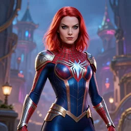 a beautiful spiderwoman wearing a magical armor posing in a magical town, hyper realistic face, fantasy art, in the style of greg rutkowski, illustration, epic, fantasy, intricate, hyper detailed, artstation, concept art, smooth, sharp focus