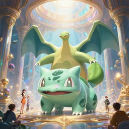 beautiful digital fantasy illustration of a giant opulent bismuth bulbasaur!!!!!! inside an iridescent chamber, concept art by greg rutkowski, rebecca guay, and greg hildebrandt, highly detailed, soft lighting, rendered in octane, masterpiece, very very very aesthetic