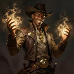 a handsome regal young African-American cowboy with a smirk and gold teeth with a nice eyes catch light, holding dark and light magic in both hands, volumetric lighting, D&D, fantasy, intricate, cinematic lighting, highly detailed, digital painting, artstation, concept art, smooth, sharp focus, illustration, no crop, full body length art by Greg Rutkowski and Jacob Lawrence