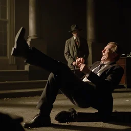 Kramer as one of the droogs from the movie a clockwork orange laughing while kicking someone, grainy movie still
