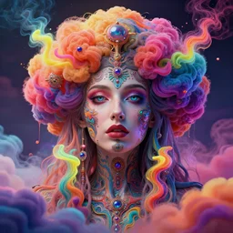 a gorgeous woman surrounded by colorful liquid clouds and neon smoke, extremely detailed, super psychedelic experience, psilocybin, dmt, lsd, face, highly detailed, artstation, alphonse mucha, hana yata, and artem demura and beeple, octane render, unreal engine, 8 k