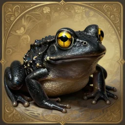 black frog with deep big yellow eyes, deep focus, d & d, fantasy, intricate, elegant, highly detailed, digital painting, artstation, concept art, matte, sharp focus, illustration, hearthstone, art by artgerm and greg rutkowski and alphonse mucha