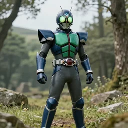 High Fantasy Kamen Rider, glowing eyes, 4k, forest plains of north yorkshire, daytime, chainmail grey rubber undersuit, segmented dark blue armor with green secondary color, concept art, illustration