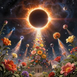 an epic fantastic realism comic book style painting of a glorious place where the heavens open to the great cosmos, where flowers are launched into space, 8 k, ultra realistic, solar eclipse, lens flare, atmosphere, glow, detailed, intricate, full of colour, cinematic lighting, trending on artstation, 4 k, hyperrealistic, focused, extreme details, unreal engine 5, cinematic, masterpiece