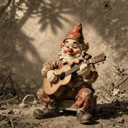 vintage photograph of a clown gnome playing delta blues