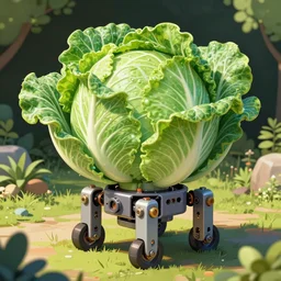 mechanical cabbage robot machine in the garden, detailed illustration, concept art, dynamic colour palette, highly detailed, high contrast, strong lighting
