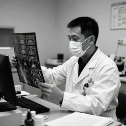 radiologist at work, black and white, photography