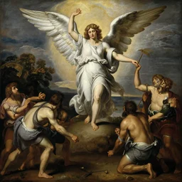 an angel reigns down vengeance on some villagers in the style of caravagio , oil on canvas