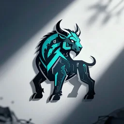 stylized cyberpunk minotaur logo, cyan and black, abstract