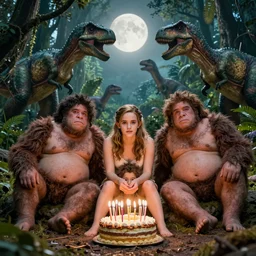 photo, three hairy fat cave people, emma!! watson!!, looking at camera, surrounded by dinosaurs!, gigantic forest trees, sitting on rocks, bright moon, birthday cake on the ground, front close - up view of her face