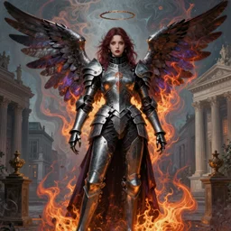 Angel knight gothic girl on a neoclassical city. By (Rembrandt painting(100)(fractal flame)), psychedelic, mech, highly detailded