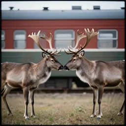 a lomography photo of rumble between two humanoid deer in soviet train this morning, bokeh,