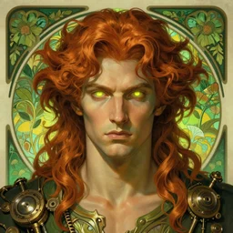portrait of demigod hercules, wavy auburn hair, wild board hide, glowing eyes, volumetric lights, green yellow scheme, art nouveau botanicals, gothic, intricate, highly detailed, digital painting, artstation, concept art, smooth, sharp focus, symmetric face, illustration, steampunk, art by artgerm and greg rutkowski and alphonse mucha