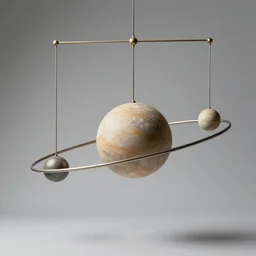 a kinetic sculpture of equilibrium. solar system hanging from horizontal rods