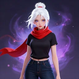 portrait of a girl with white hair in a messy white hairbun. She is wearing a short black tshirt, jeans pants, a red scarf. magic atmosphere, digital art, character design. in the style of wlop, rossdraws, artstation trending