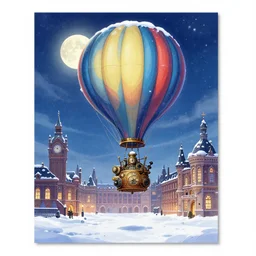 dream illustration for a greeting card, anime cartoon of hot - air balloon, sky, winter, snow, night, moon, victorian london, steampunk, nicoletta ceccoli, mark ryden, lostfish, max fleischer, hyper realistic, artstation, illustration, digital paint, matte paint, vivid colors, bright, cheerful, detailed and intricate environment