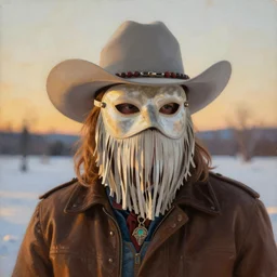 a beautiful painting of Orville Peck wearing a fringed mask and cowboy hat, snowy background, golden hour, by Mark Maggiori, realistic, artstation