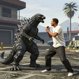 Trevor Philips fighting Godzilla in GTA 5