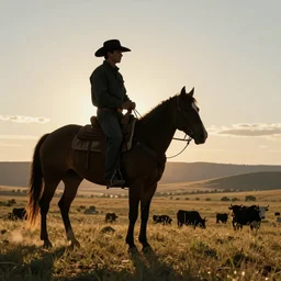 silhouette of a cowboy and horse, cattle in a valley below, as background, in the style of ansel adams, photorealistic, ornately detailed, 4 k