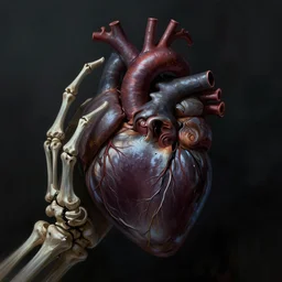 anatomically correct heart in skeleton hand, darkness, hyper realism, mystery, scared, fantasy, dark, highly detailed, digital painting, concept art, sharp focus, illustration, epic light, artstation