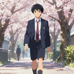anime boy walking down a street with Sakura trees dressed in a traditional Japanese school uniform
