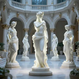 elegant silhouette's of baroque neoclassicist marble figures in a glowing sci - fi courtyard