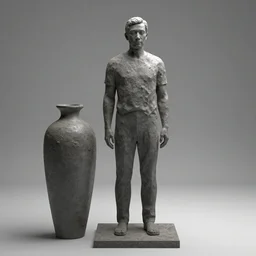 a sculpture of a man standing next to a tall vase, a raytraced image by Hikari Shimoda, polycount, video art, vray tracing, ray tracing, rendered in unreal engine