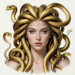 realistic portrait of beautiful medusa with her snakes, golden, delicate, facing camera, hyper realism, 1 4 5 0, ink, ultra realistic, 8 k