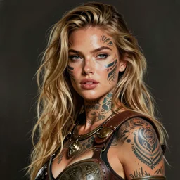 gorgeous!! hyper - realistic woman resembling kate upton as a post - apocalyptic warrior girl with tattoos & tribal face paint | drawn by wlop, drawn by jeehyung lee, drawn by artgerm | smooth, sharp focus, intricate