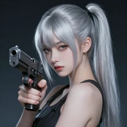 girl silver ponytail hair, holding a gun, illustration by UmiNeko, cinematic portrait