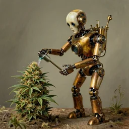a portrait of a steampunk robot watering a beautiful but bizarre marijuana bud creature by rembrandt,