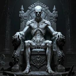 a tall pale humanoid being sitting upon an ornate stone throne, 4K, digital art, horror, dramatic,