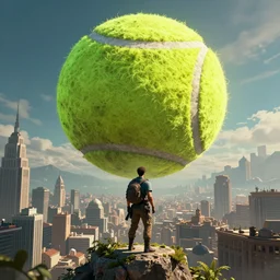the traveler in destiny 2 but it's a massive tennis ball floating in the sky over a large city digital art 3 d 4 k wallpaper cover art destiny 2 fanart cinematic
