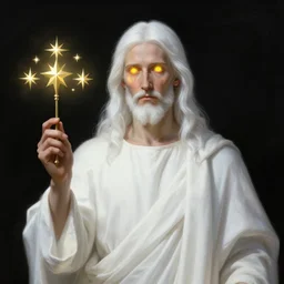 « portrait of the white - haired jesus in a white robe and flaming yellow eyes, holding seven stars in right hand, high - contrast, intricate, elegant, highly detailed, bible illustration, digital painting, artstation, concept art, smooth, sharp focus, illustration »