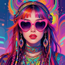colorful portrait of a female hippie with heart sunglasses, set in the future 2 1 5 0 | highly detailed | very intricate | symmetrical | professional model | cinematic lighting | award - winning | painted by mandy jurgens and ross tran | pan futurism, dystopian, bold psychedelic colors, cyberpunk, groovy vibe, anime aesthestic | featured on artstation