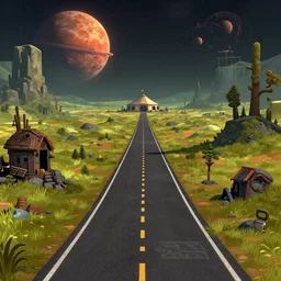 next to a road, leading to an outpost in the distance, on an alien planet, from a space themed point and click 2 d graphic adventure game, set design inspired slightly by hg giger and tomb raider, art inspired by thomas kinkade