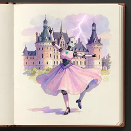 dancing robots, manuscript, chateau, nordic pastel colors, perfect lightning