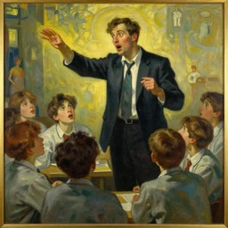 an oil painting showing a male high school teacher showing the students the meaning of life, astonishing, art nouveau, dramatic light,