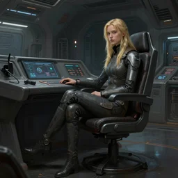 concept art by greg rutkowski, a very tall and slender young blonde woman, sitting in the control room of the ship, futuristic, brutalist interior of a space colony, depressing atmosphere, low lighting, scifi, highly detailed portrait, digital painting, artstation, concept art, smooth, sharp foccus ilustration, artstation hq