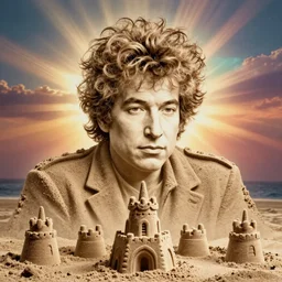 photography of bob dylan portrait form etched into sand a sand castle
