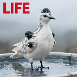 realistic photo portrait of common bird with white feathers many cords leds and detailed wires, spherical black helmets, in a big pool filled with mercury, the sky is grey, 2 0 0 0, life magazine photo,