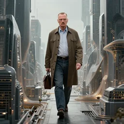 walter white walking around in a futuristic city, made of fractals