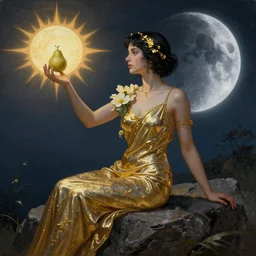 very realistic beautiful painting of a goddess with short black hair with golden details in it wearing a long metallic golden skirt covering her whole body holding flowers and levitating a pear, sun on the left moon on the right as she is sitting on a rock at night time, hyper realistic 8K HD, highly detailed
