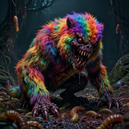 a picture of a beautiful!!!! colorful flesh - eating!!!! yamazaku covered in rainbow fur, the ground is covered in maggots!!!!, hallucination, fear, morbid, nightmare, supernatural, 8 k, unreal engine, highly detailed, chiaroscuro, terrifying, trending on artstation