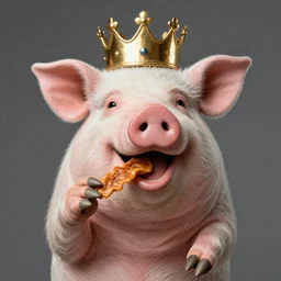 studio photograph of a smiling pig depicted as a muppet wearing a gold crown eating pork rind snacks
